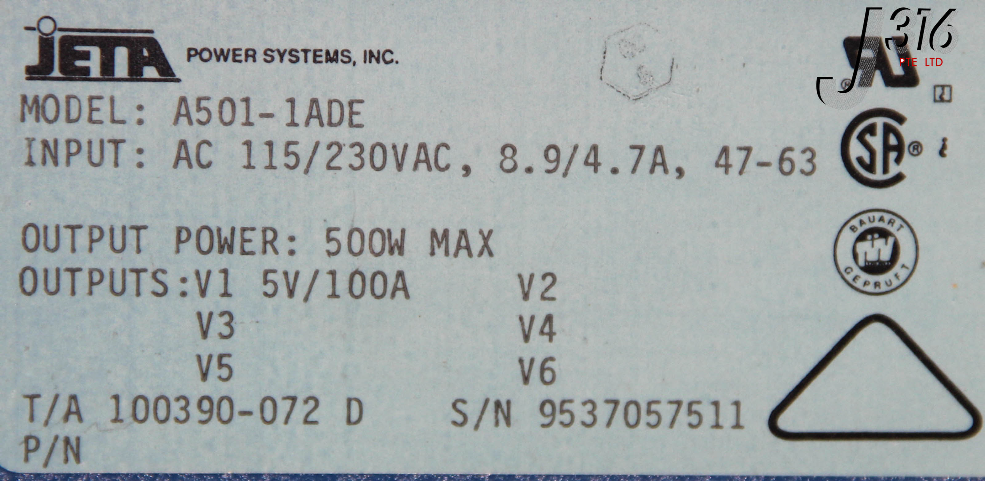 7192 JETA POWER SYSTEMS POWER SUPPLY, AC 115/230VAC, 8.9/4.7A...
